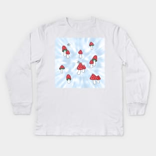 Aesthetic Red Hatted Mushrooms and Butterflies on a Light Blue Pastel Tie Dye Background Kids Long Sleeve T-Shirt